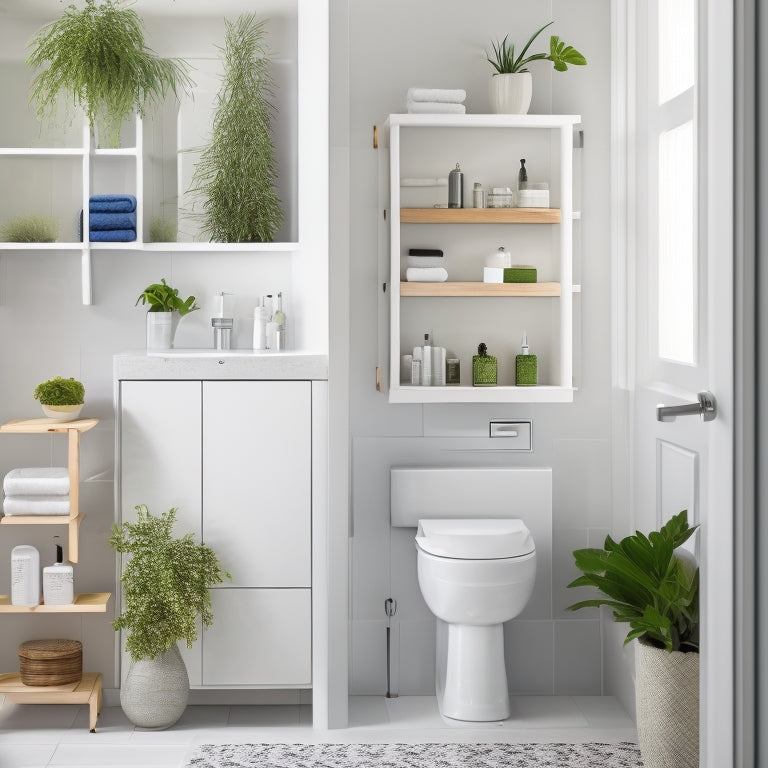 A modern bathroom with a wall-mounted, white over-toilet storage unit featuring three shelves, a cabinet, and a towel rack, surrounded by neatly organized toiletries and decorative plants.