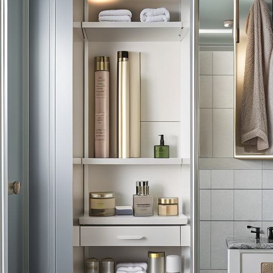 A sleek, modern bathroom cabinet with a mirrored door, opened to reveal a series of hidden compartments and shelves, with rolled towels, toiletries, and skincare products neatly organized within.