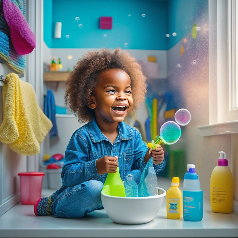 A colorful illustration of a smiling child, surrounded by kid-sized cleaning tools and supplies, standing in a sparkling clean bathroom with a few strategically placed soap bubbles and a faint scent of freshness.