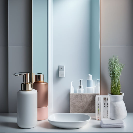 A minimalist illustration of a tidy bathroom with a smartphone on the counter, surrounded by organized toiletries and a faint grid of app icons reflected on the mirror.