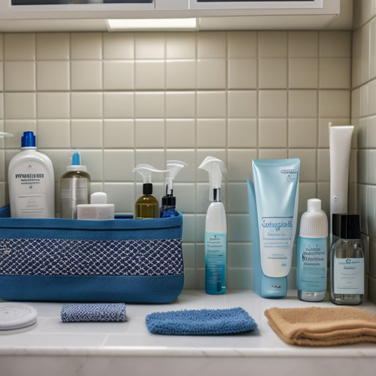 A tidy dorm bathroom with a shower caddy, hanging toiletry bag, and a bath mat, surrounded by a few personal care products like toothbrush, toothpaste, and a hair dryer on a countertop.