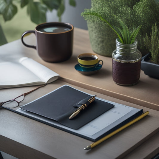 A minimalist desk with a sleek, leather-bound planner opened to a colorful, tabbed section, surrounded by a few strategically placed pens, a small potted plant, and a cup of steaming coffee.