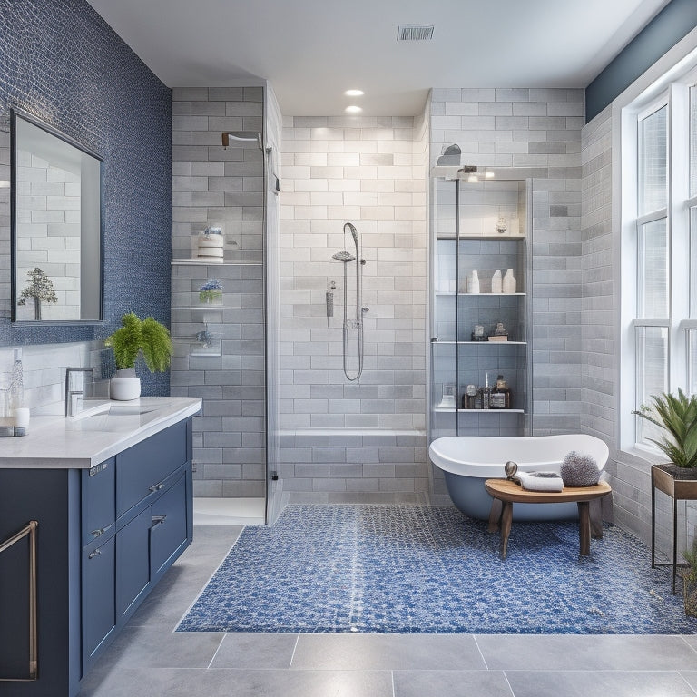 A sleek, modern bathroom with a floor-to-ceiling tile backsplash, a freestanding tub, and a shower area with a rainfall showerhead, surrounded by an abundance of decorative tiles, baskets, and storage units.