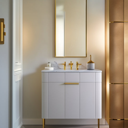 A sleek, minimalist bathroom cabinet featuring smooth, handle-less drawers in a soft matte finish, surrounded by elegant marble tiles and warm ambient lighting, showcasing a modern aesthetic with a touch of luxury.