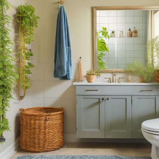 A serene bathroom with a wall-mounted cabinet, a tidy countertop, and a woven basket storing toiletries, surrounded by lush greenery and soft, warm lighting.