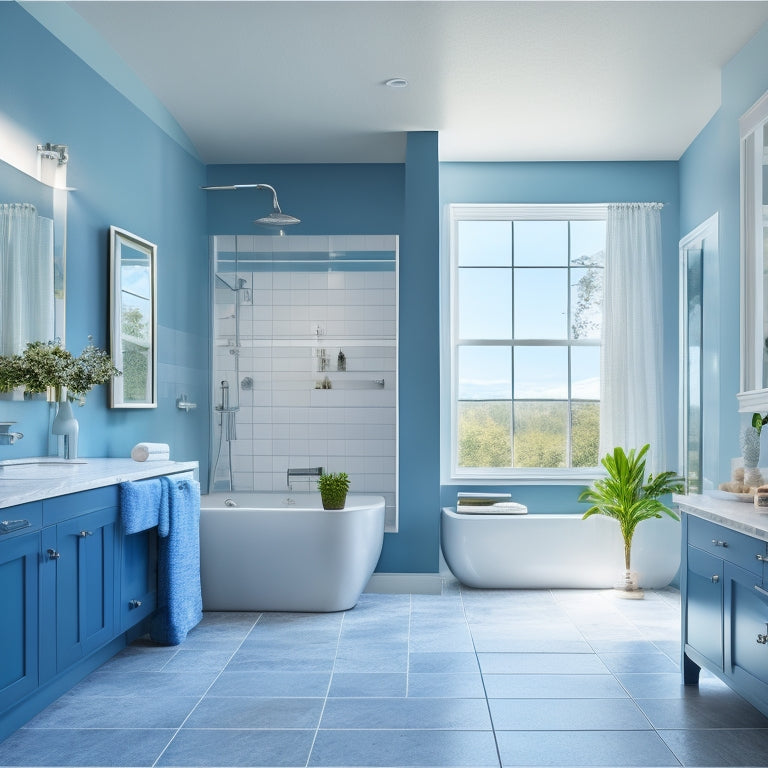 Generate an image depicting a modern bathroom with a large, freestanding tub, surrounded by sleek, silver fixtures, and a floor-to-ceiling glass shower with a sliding door, set against a calming, soft-blue background.