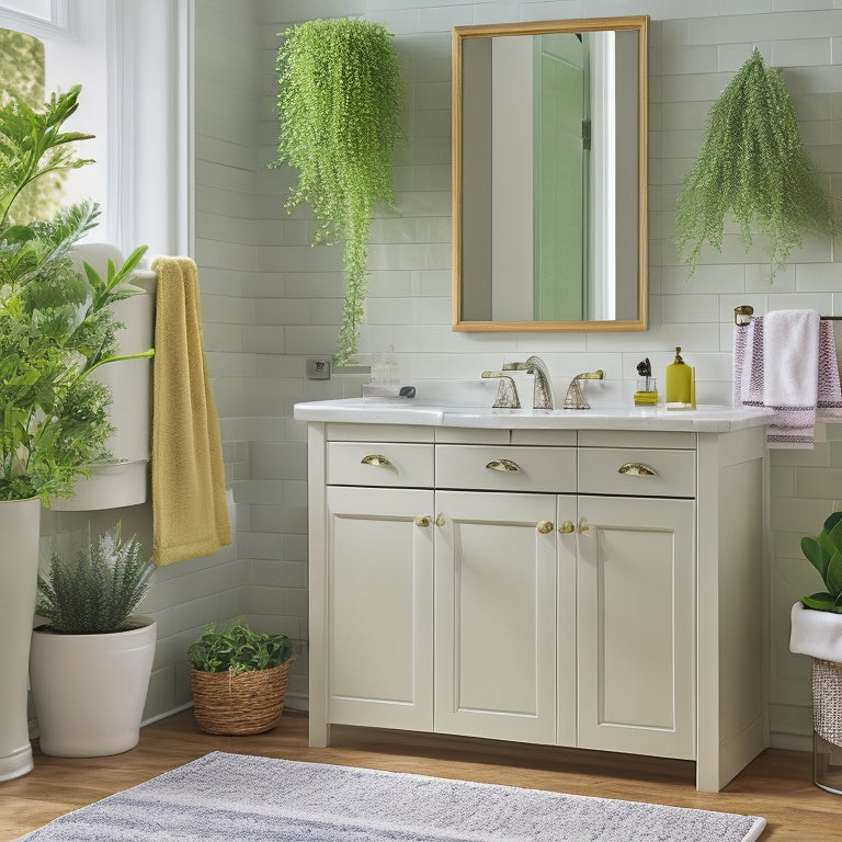 A tidy bathroom with a white under-sink storage unit featuring two drawers, a built-in soap dispenser, and a curved faucet, surrounded by matching towels and a lush green plant.