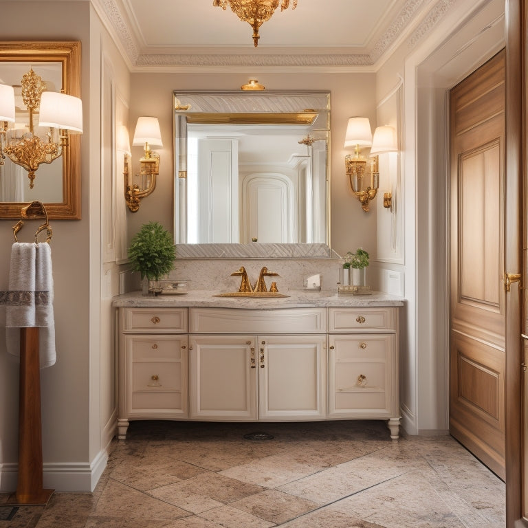 A luxurious bathroom with creamy white walls, featuring a sleek, floor-to-ceiling cabinet in a rich walnut finish, adorned with ornate hardware and soft, warm lighting.