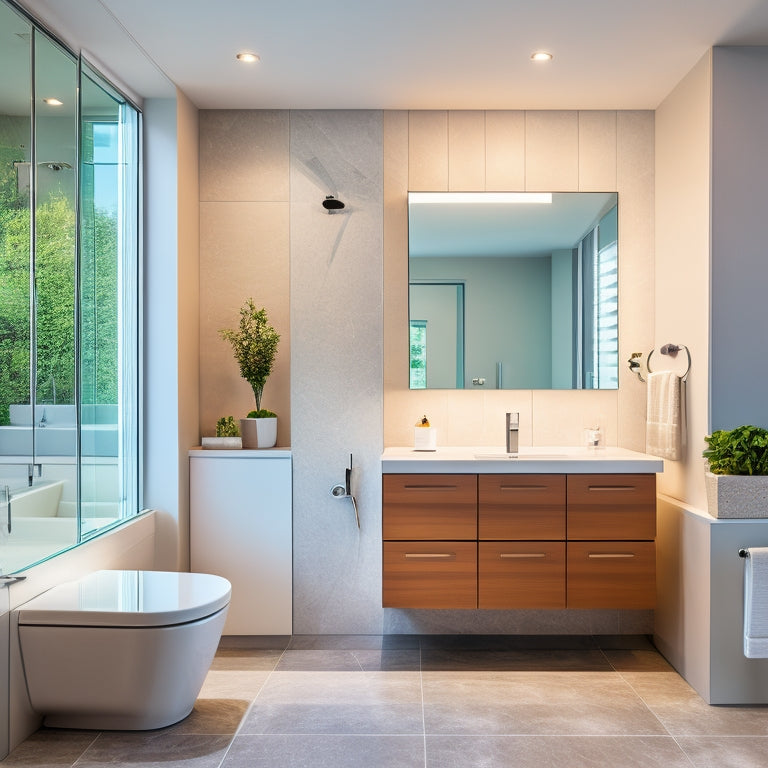 A modern bathroom with a large, wall-mounted LED light medicine cabinet above a sleek, white countertop, surrounded by elegant glass tiles and a freestanding tub.