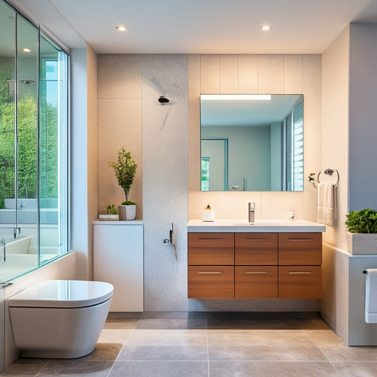 A modern bathroom with a large, wall-mounted LED light medicine cabinet above a sleek, white countertop, surrounded by elegant glass tiles and a freestanding tub.