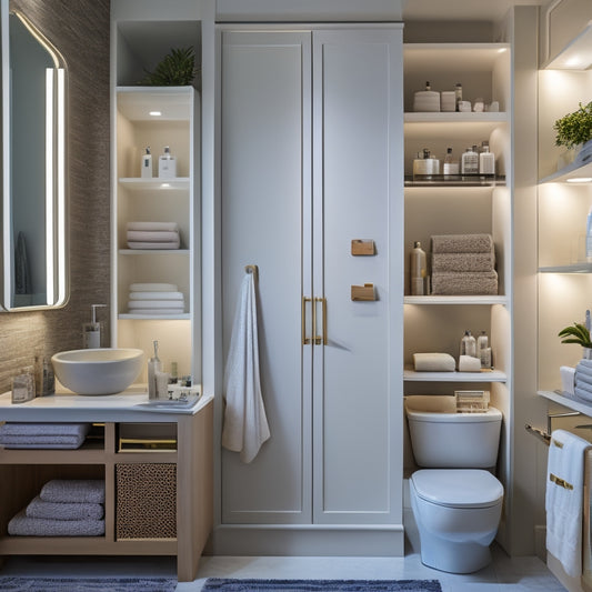 A well-lit, modern bathroom with a cabinet door open, revealing a slide-out shelf installed, with various bathroom essentials like towels, toiletries, and decorative items neatly organized on the shelf.