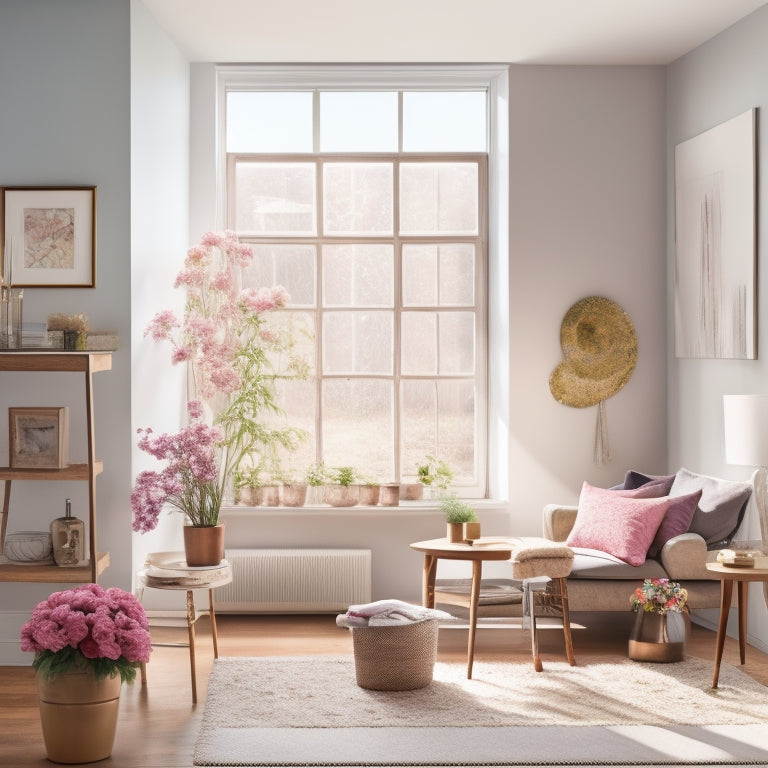 A bright and airy living room with a large window, blooming flowers on the coffee table, and a ladder leaning against a freshly painted wall, surrounded by scattered paint swatches and renovation tools.