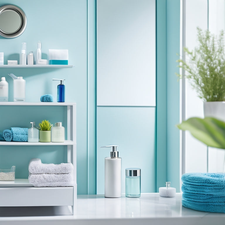 Create a visually appealing bathroom scene featuring sleek, transparent waterproof organizers neatly arranged on a minimalist shelf, holding vibrant toiletries and towels, with a serene, water-themed backdrop enhancing the space-saving design.