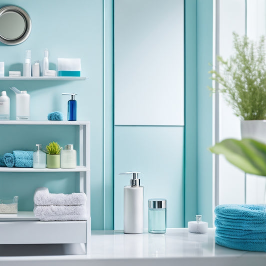 Create a visually appealing bathroom scene featuring sleek, transparent waterproof organizers neatly arranged on a minimalist shelf, holding vibrant toiletries and towels, with a serene, water-themed backdrop enhancing the space-saving design.