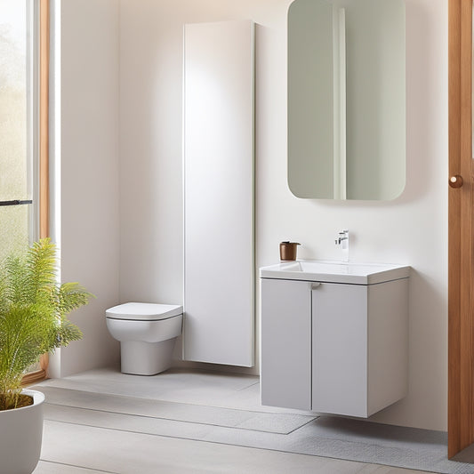 A serene, minimalist bathroom with a compact, wall-mounted freestanding cabinet in a soft, matte finish, accompanied by a pedestal sink and a small, rounded mirror.