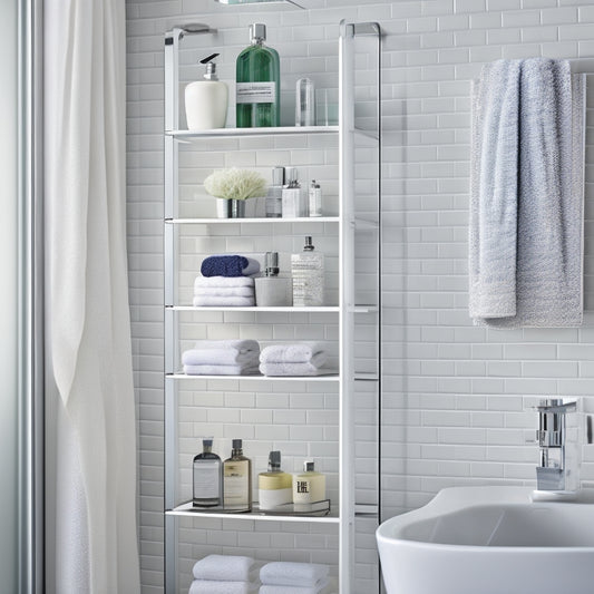 A serene, modern bathroom with a sleek, wall-mounted shower caddy system, featuring multiple tiers and hooks, holding a few, neatly arranged bottles and toiletries, surrounded by crisp, white tiles.