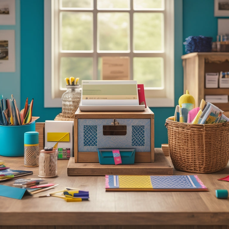 A colorful desk scene with a happy, organized mail station featuring a wooden mail sorter, decorative baskets, and a few neatly arranged envelopes and papers amidst a few art supplies and a laptop.