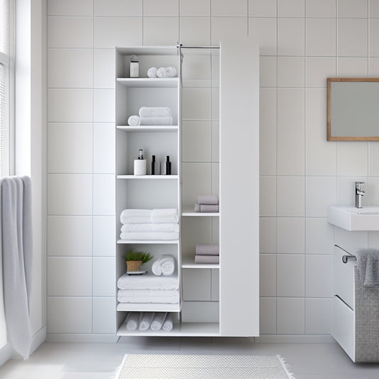 A sleek, modern bathroom with a wall-mounted, white, rectangular storage unit featuring three horizontal shelves, each holding a rolled towel, against a calming, light-gray background.