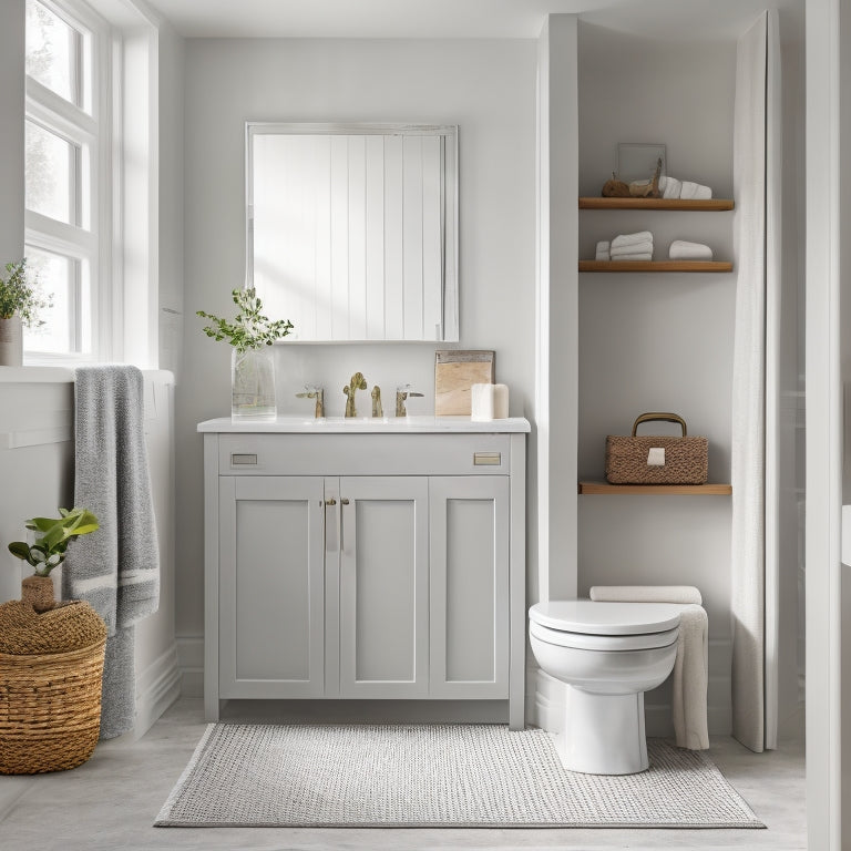 A serene, minimalist bathroom with a wall-mounted cabinet, a pedestal sink, and a floor-to-ceiling storage unit with transparent shelves and woven baskets, surrounded by calming white and gray tones.