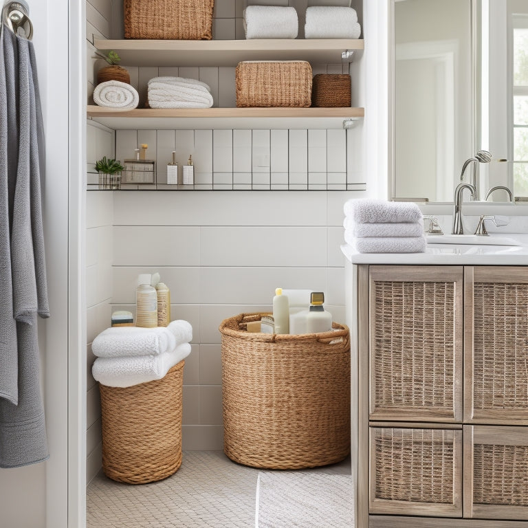 A serene, well-organized bathroom with a cabinet featuring woven wicker baskets in various sizes, holding rolled towels, toiletries, and skincare products, against a soft, calming gray background.