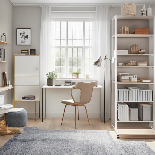 A minimalist, clutter-free room with a compact shelving unit, a storage ottoman, and a hanging organizer above a desk, showcasing creative storage solutions in a small space.