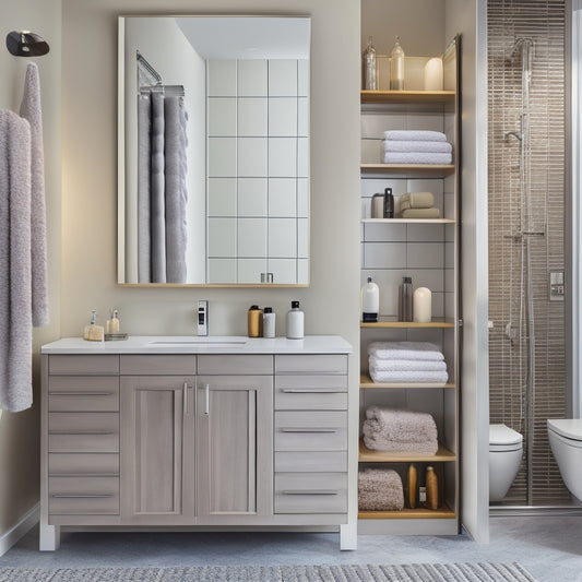 A sleek, modern bathroom with a wall-mounted cabinet featuring adjustable shelves in a polished chrome finish, holding rolled towels, woven baskets, and a few decorative vases.