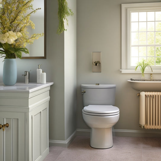 A serene bathroom with a sleek, wall-mounted pedestal sink cabinet in a soft gray tone, adorned with a delicate floral pattern, surrounded by minimal decor and ample negative space.