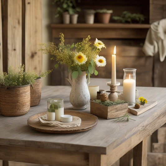 A rustic wooden table adorned with vintage-inspired farmhouse printables, surrounded by potted greenery, distressed wooden candlesticks, and a few scattered wildflowers, set against a soft, creamy background.