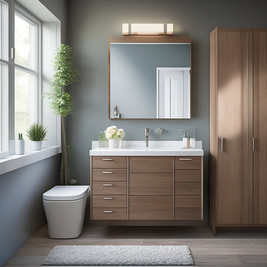 A sleek, modern bathroom with a freestanding cabinet featuring three pull-out drawers in a soft-close mechanism, positioned beside a wall-mounted sink and a large, frameless mirror.