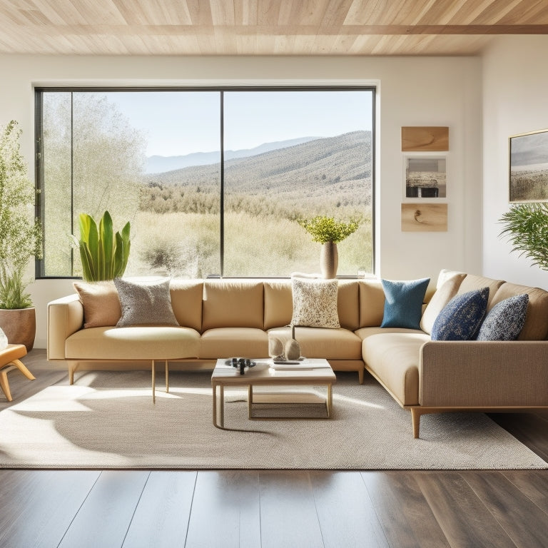 A modern, minimalist interior with a California-inspired color palette, featuring a sleek, low-profile sofa, a geometric-patterned area rug, and a floor-to-ceiling window with a subtle, natural wooden frame.