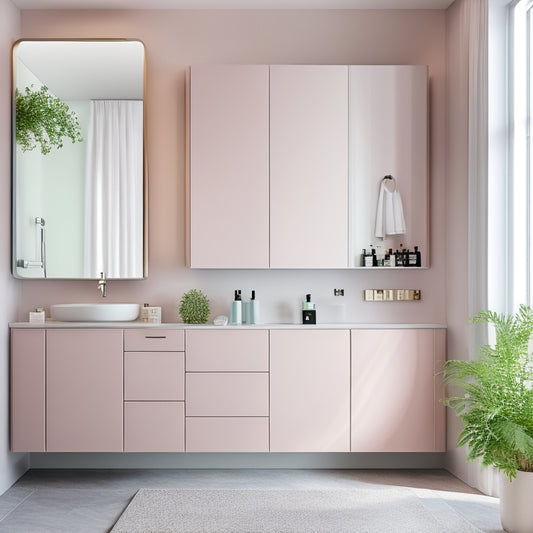 A stylish, compact bathroom featuring a sleek wall-mounted cabinet with mirrored doors, soft ambient lighting, and neatly organized toiletries, surrounded by calming pastel colors and minimalist decor to enhance the sense of spaciousness.