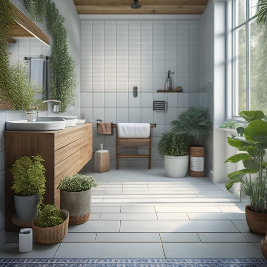 A serene bathroom scene with a partially renovated space in the background, featuring a roll of blueprints, a tape measure, and a few scattered tiles on a wooden floor, surrounded by calm greenery.