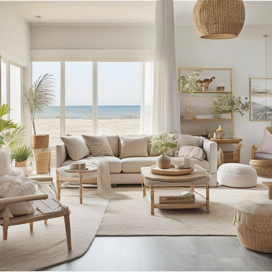 A serene, sun-kissed vacation home interior with sleek, minimalist furniture, featuring clever storage solutions, such as hidden ottomans, retractable shelves, and multipurpose decorative pieces.