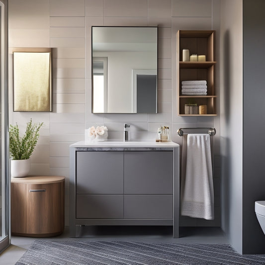 A sleek, modern bathroom with a wall-mounted cabinet featuring sliding mirrored doors, a pedestal sink with a built-in storage shelf, and a floor-to-ceiling towel rack with baskets.