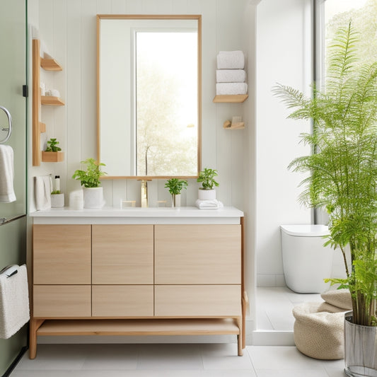 A serene minimalist bathroom featuring sleek, white cabinetry with open shelves displaying neatly arranged toiletries, bamboo storage boxes, and a potted plant, all set against a soft, neutral color palette and natural light streaming in.