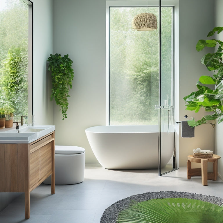 A serene, modern bathroom with a freestanding tub, surrounded by lush greenery, featuring a sleek, wall-mounted sink, and a large, frameless mirror reflecting natural light.