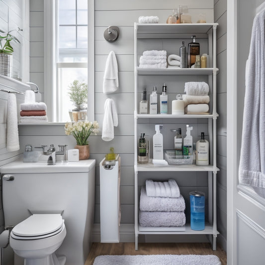 A cluttered bathroom with toiletries scattered on countertops, transitioning to a organized space with a pedestal sink storage unit, over-the-toilet shelving, and a hanging shower caddy.