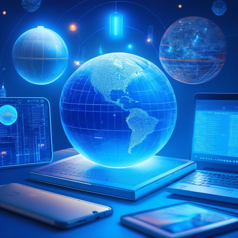 A futuristic, minimalist illustration featuring a globe with glowing blue lines and nodes, surrounded by floating laptops, tablets, and smartphones, with subtle hints of academic icons like mortarboards and books.