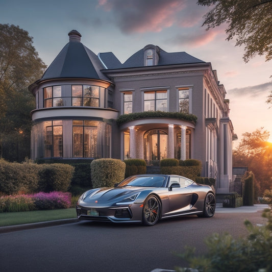 A majestic, modern mansion with a gleaming, silver-gray façade, surrounded by lush greenery, with a sleek, black sports car parked in the driveway, set against a vibrant, sunset-lit Brooklyn skyline.