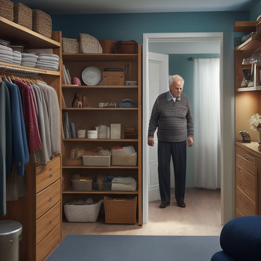 A serene, well-lit room with a senior citizen comfortably accessing storage units: a walker-friendly shelving system, a chest with easy-grip handles, and a label-free closet with pull-down rods.