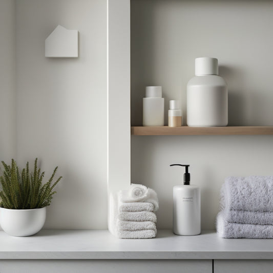 A serene, minimalist bathroom featuring three small, white, floating wall shelves with rounded edges, each holding a few rolled towels and a decorative soap dispenser, against a soft gray background.