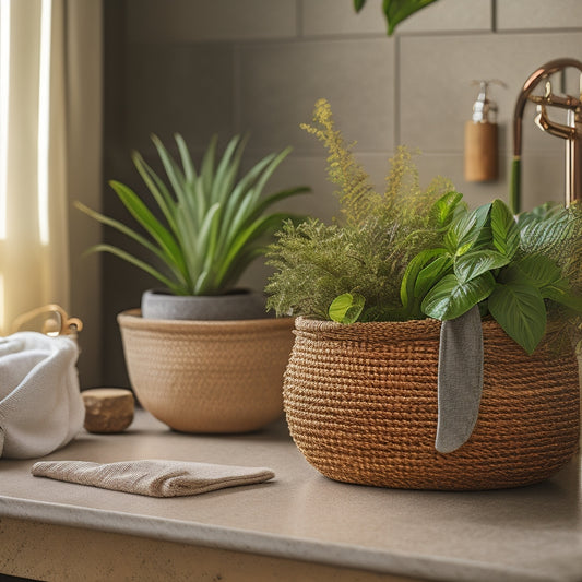 A serene bathroom scene with a clutter-free, earthy-toned countertop featuring a few, carefully arranged natural elements like a small potted plant, a woven basket, and a few river rocks.