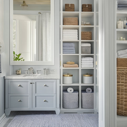 A beautifully organized bathroom cabinet with mirrored doors, featuring tiered shelves, woven baskets, and a turntable for easy access to toiletries, surrounded by a soft, calming light.