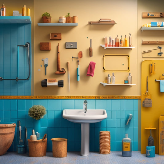 A illustrated bathroom wall with a faint outline of a shelf, surrounded by scattered tools and materials, including a level, drill, screws, and a stud finder.