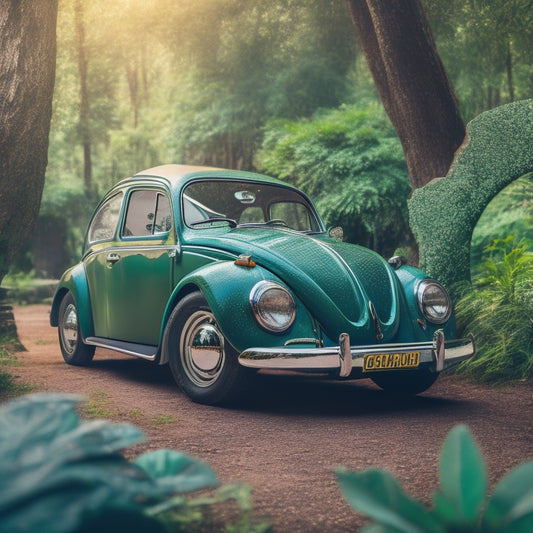 A vintage Volkswagen Beetle, restored to its former glory, parked in front of a retro-style Volkswagen logo, surrounded by lush greenery and vintage car parts scattered around.