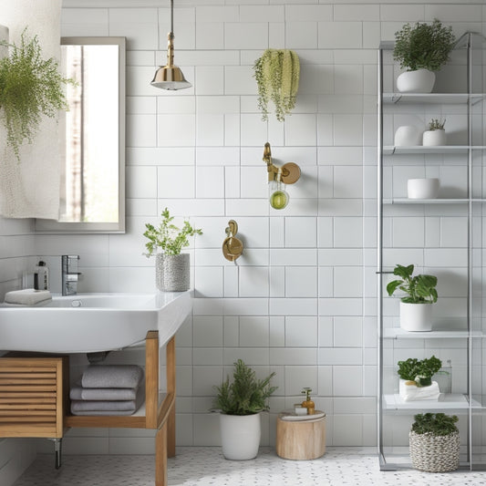 A serene bathroom scene featuring a wall with three floating shelves in a polished chrome finish, adorned with elegant glass vases and lush greenery, above a floor with hexagonal white tiles and gray grout.