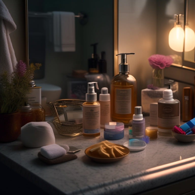 A cluttered bathroom countertop with scattered toiletries, tangled hair accessories, and a jumbled mess of skincare products, set against a dimly lit, steam-misted mirror.