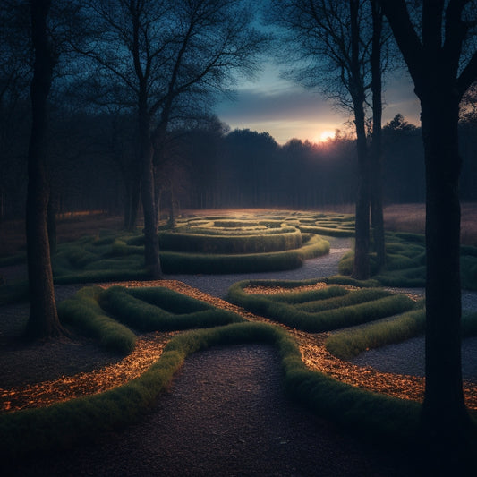A maze with a faintly lit path in the center, surrounded by dark and twisted trees, with a few stepping stones leading to a subtle, glowing horizon in the distance.