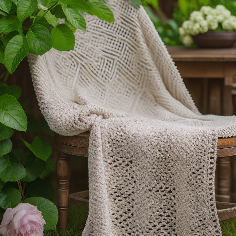 A delicate, pastel-colored crochet blanket with intricate floral patterns and scalloped edges, draped elegantly over a distressed wooden chair, surrounded by lush greenery and soft, warm lighting.