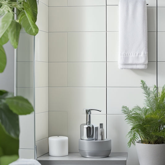 A serene, minimalist bathroom with a sleek, chrome corner shower shelf, adorned with lush greenery and a few, artfully arranged, luxurious bath products, set against a calming, soft-gray background.